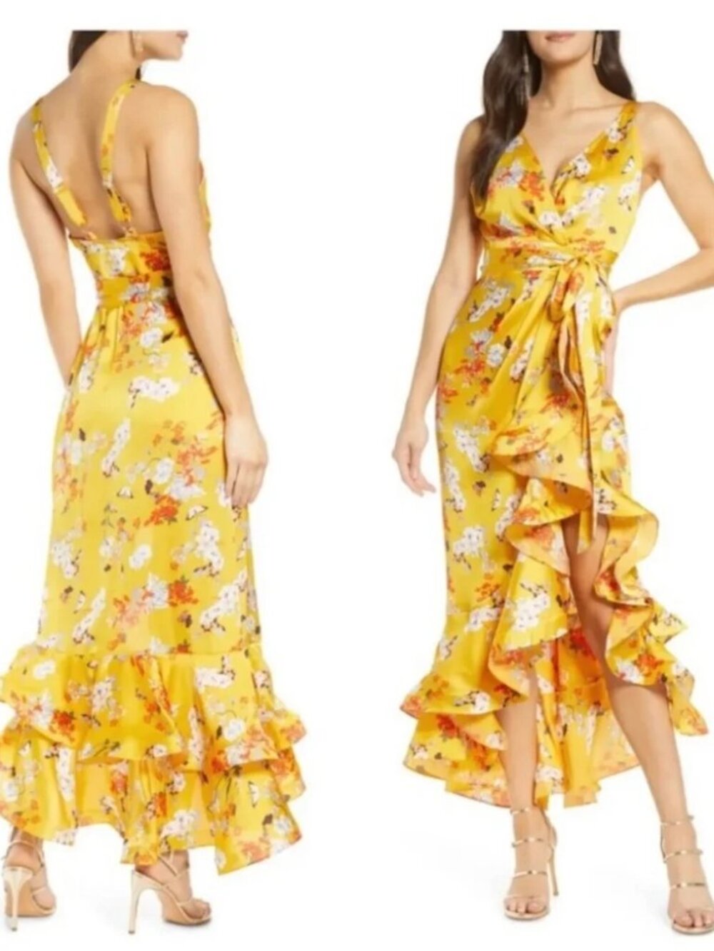 Bronx & Banco Narciss Dress Yellow floral Silk Ruffle Cascading hem Formal gown